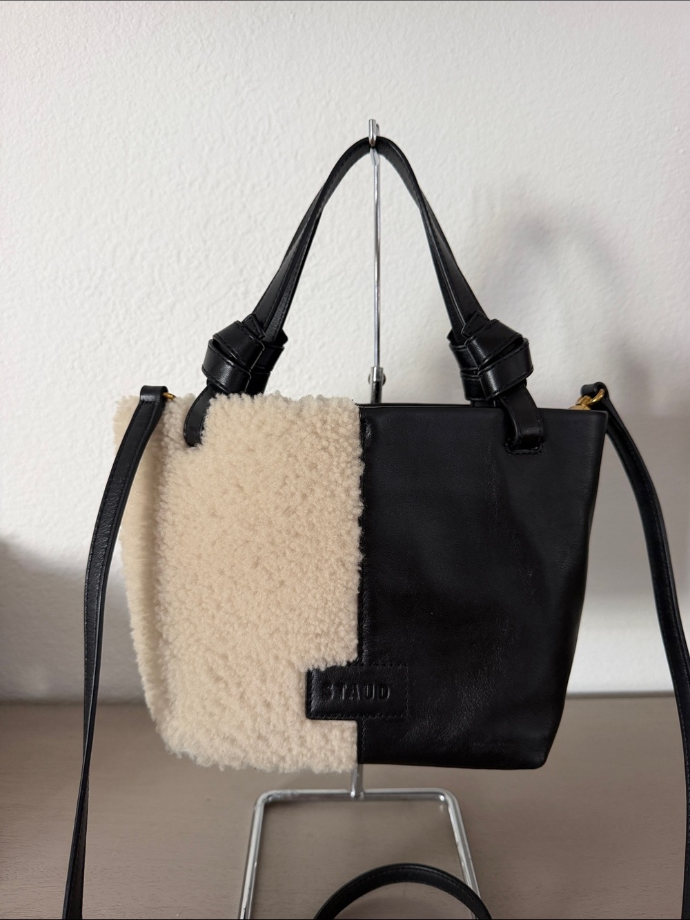 STAUD Black and Cream Shearling Panel Shoulder Bag
